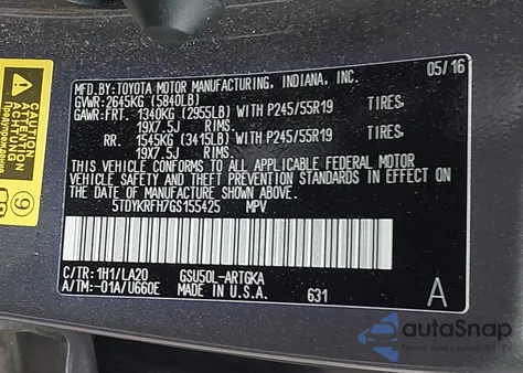 2016 Toyota Highlander Limited Platinum V6 z USA, uszkodzony, nr VIN 5TDYKRFH7GS155425